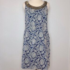 Ann Taylor Loft Dress Womens 2 Blue Beige Sleeveless Lined Gold Sequins Neckline